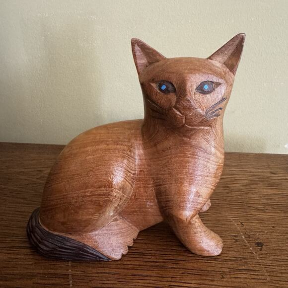 Vintage Hand Carved Wood MCM Cat Statue Figurine Boho Rustic Mid Century Modern - Picture 5 of 16